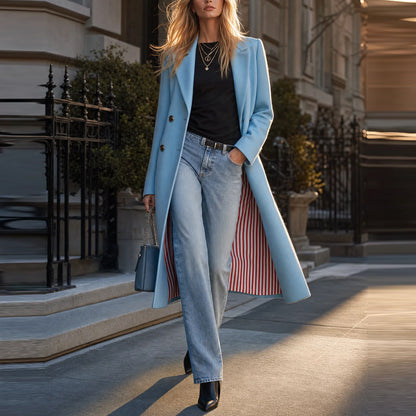 Women's Blue Double Breasted Long Coat Elegant