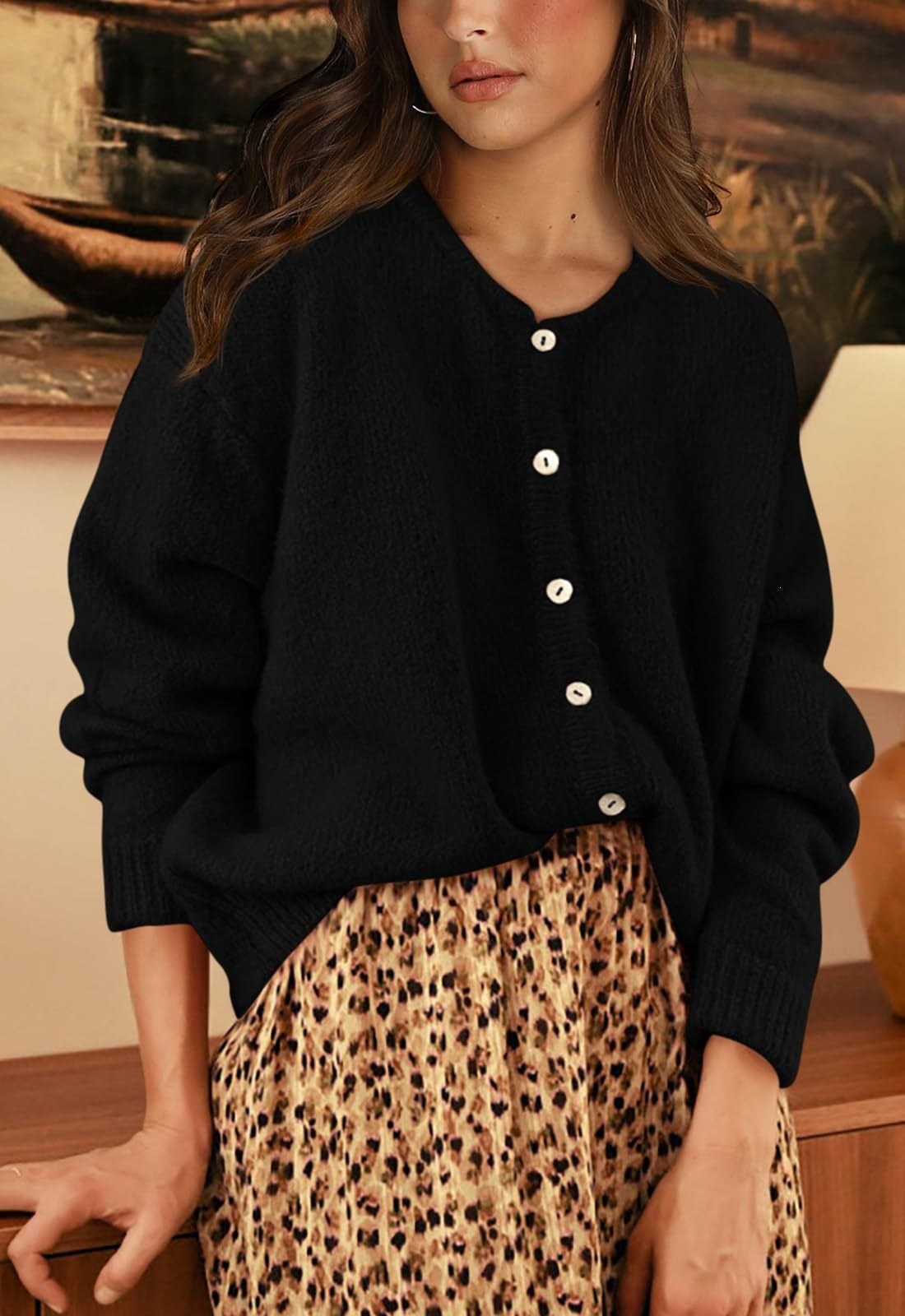 Womens Oversized Button Front Cardigan Knit Sweater