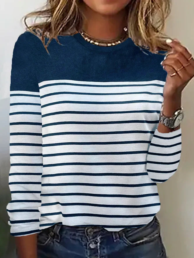 Women's Color Block Striped Long Sleeve Casual T-Shirt