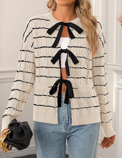 Women's Striped Bow Tie Front Cardigan Sweater