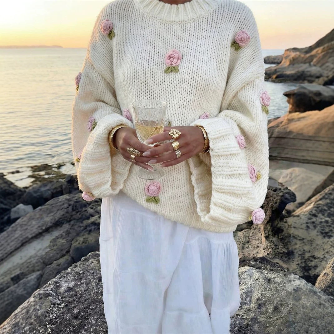 Oversized Chunky 3D Floral Embroidered Crew Neck Sweater
