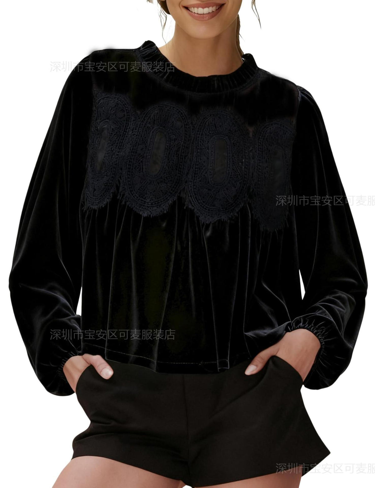 Velvet Ruffle Neck Lace Panel Long Sleeve Blouse Women
