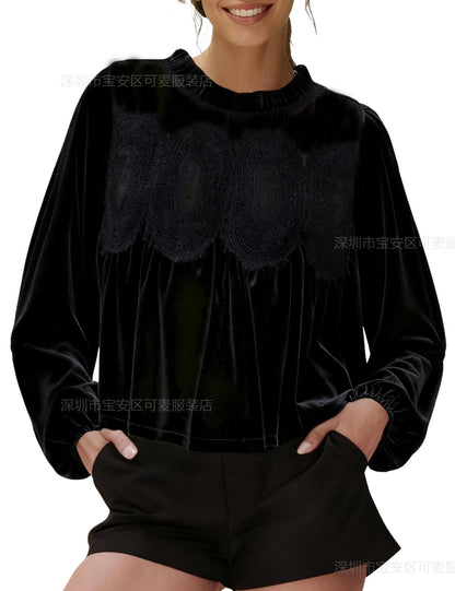 Velvet Ruffle Neck Lace Panel Long Sleeve Blouse Women