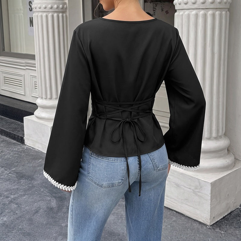 Contrast Lace Trim Boat Neck Flare Sleeve Top