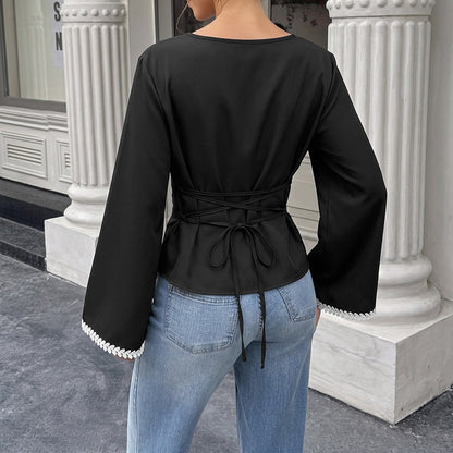 Contrast Lace Trim Boat Neck Flare Sleeve Top