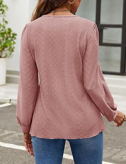 Solid Eyelet Lace Blouse Crew Neck Lantern Sleeve Top