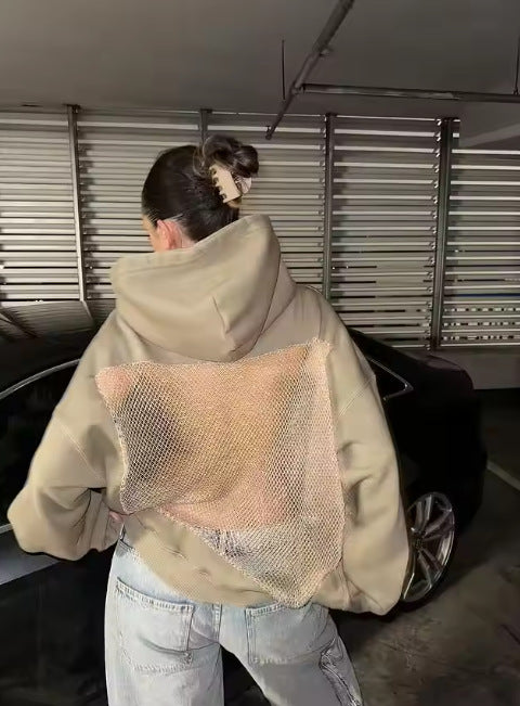Women's Backless Mesh Hoodie Oversized Cutout Pullover