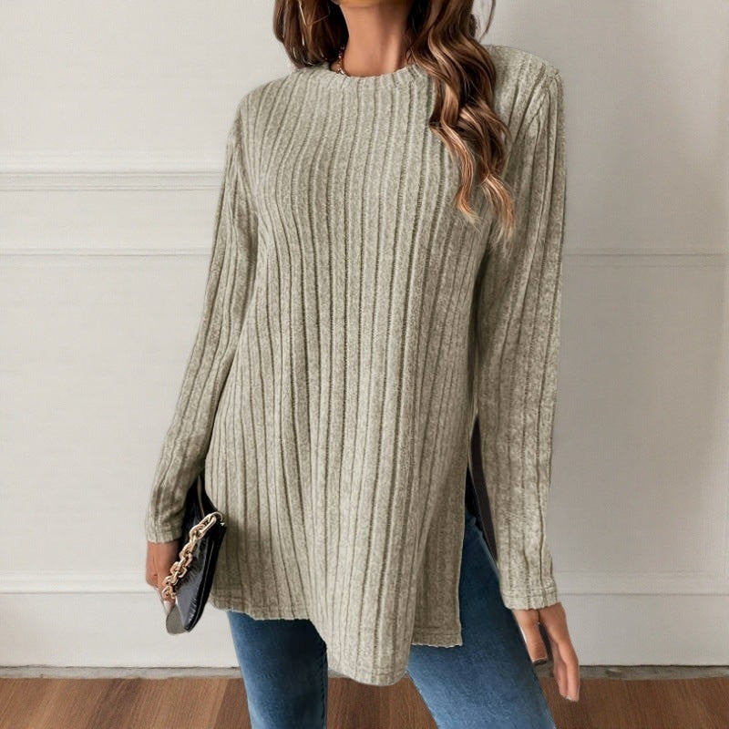 Women's Ribbed Long Sleeve Crew Neck Tunic Top Side Slit