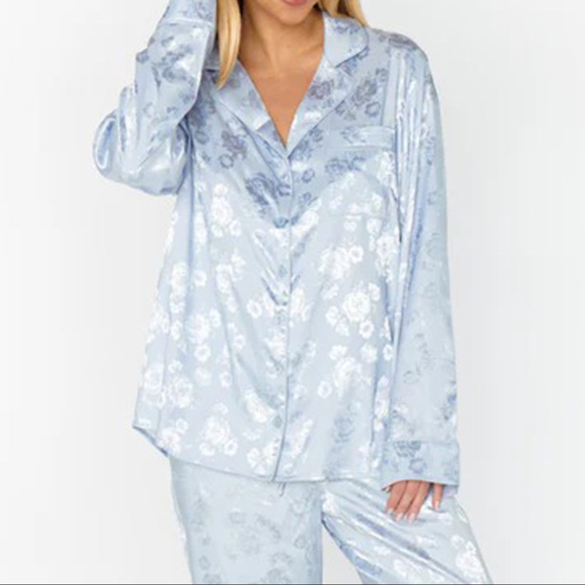 Women's Satin Jacquard Pajama Set Button Up Long Sleeve