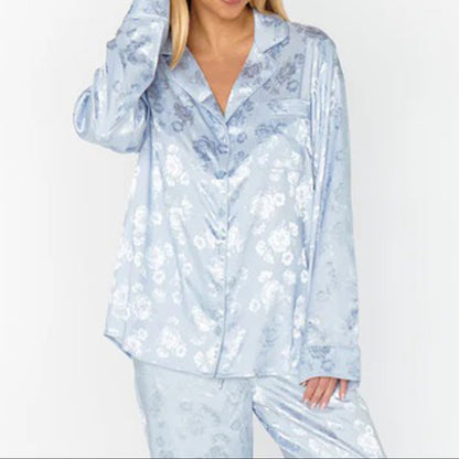 Women's Satin Jacquard Pajama Set Button Up Long Sleeve