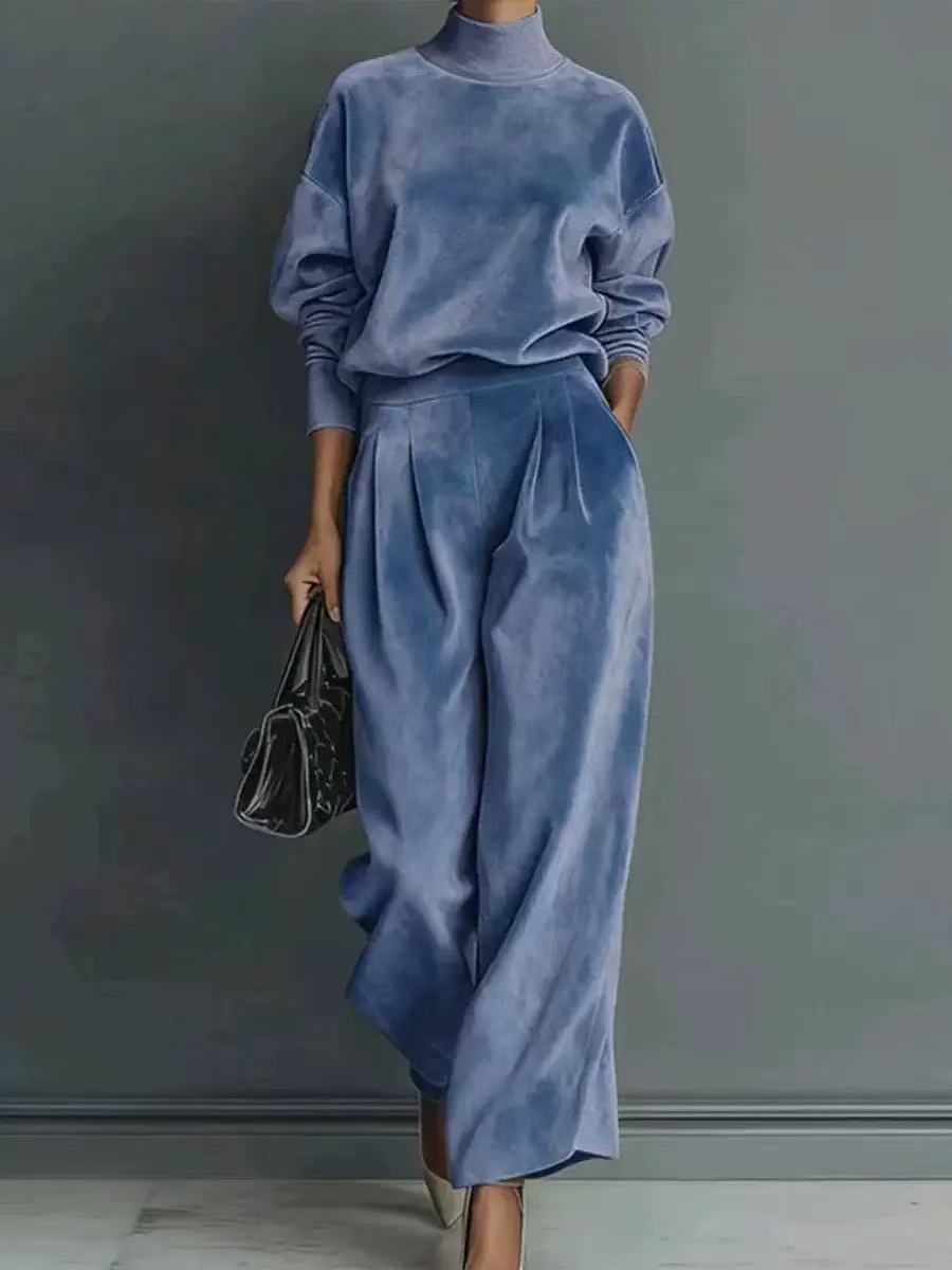 Women Elegant Mock Neck Wide Leg Pants Matching Set