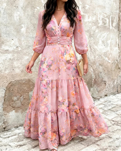 Floral Chiffon Maxi Dress V-Neck 3/4 Sleeve Smocked Tiered
