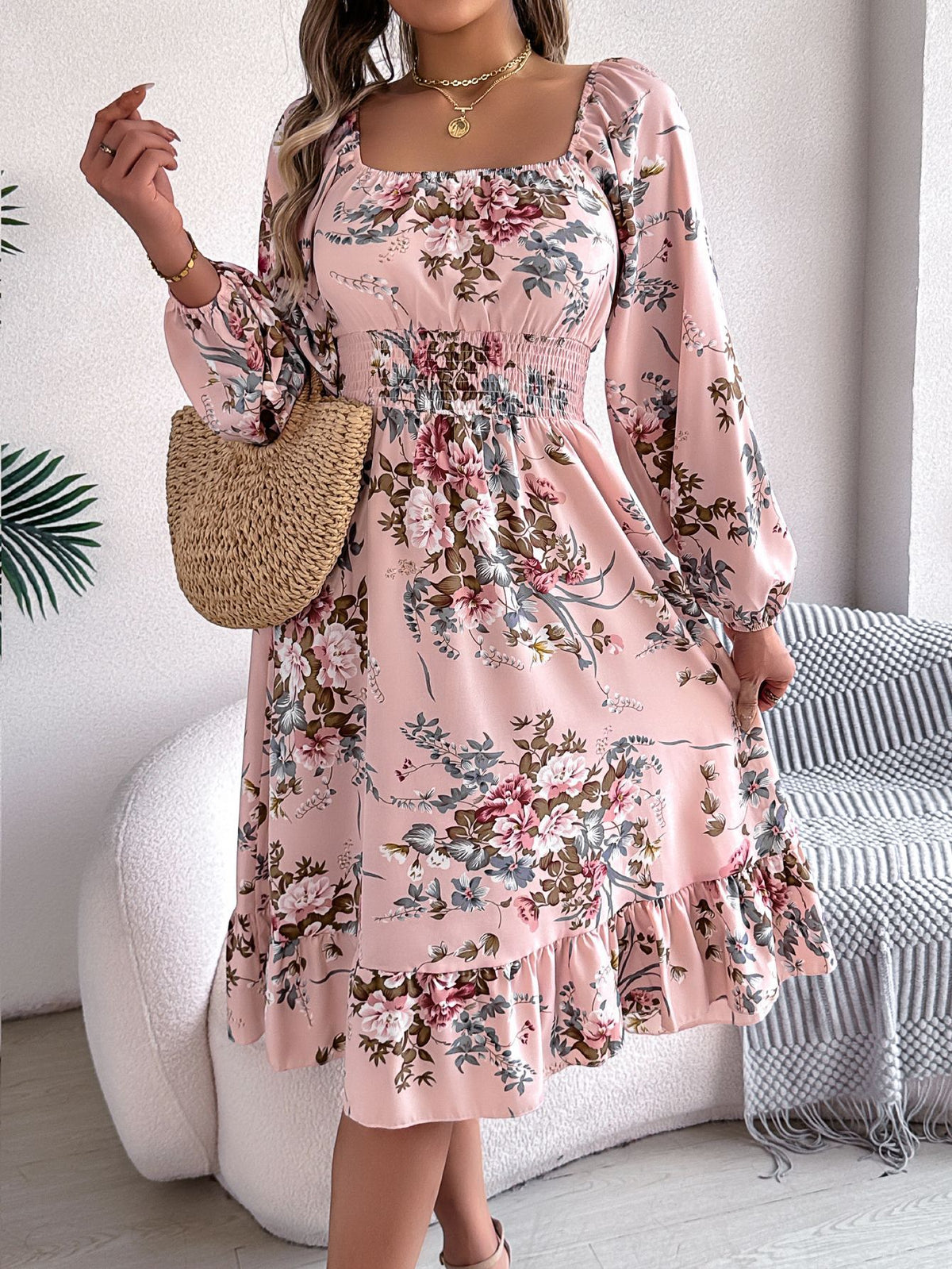Floral Square Neck Long Sleeve Ruffle Midi Dress