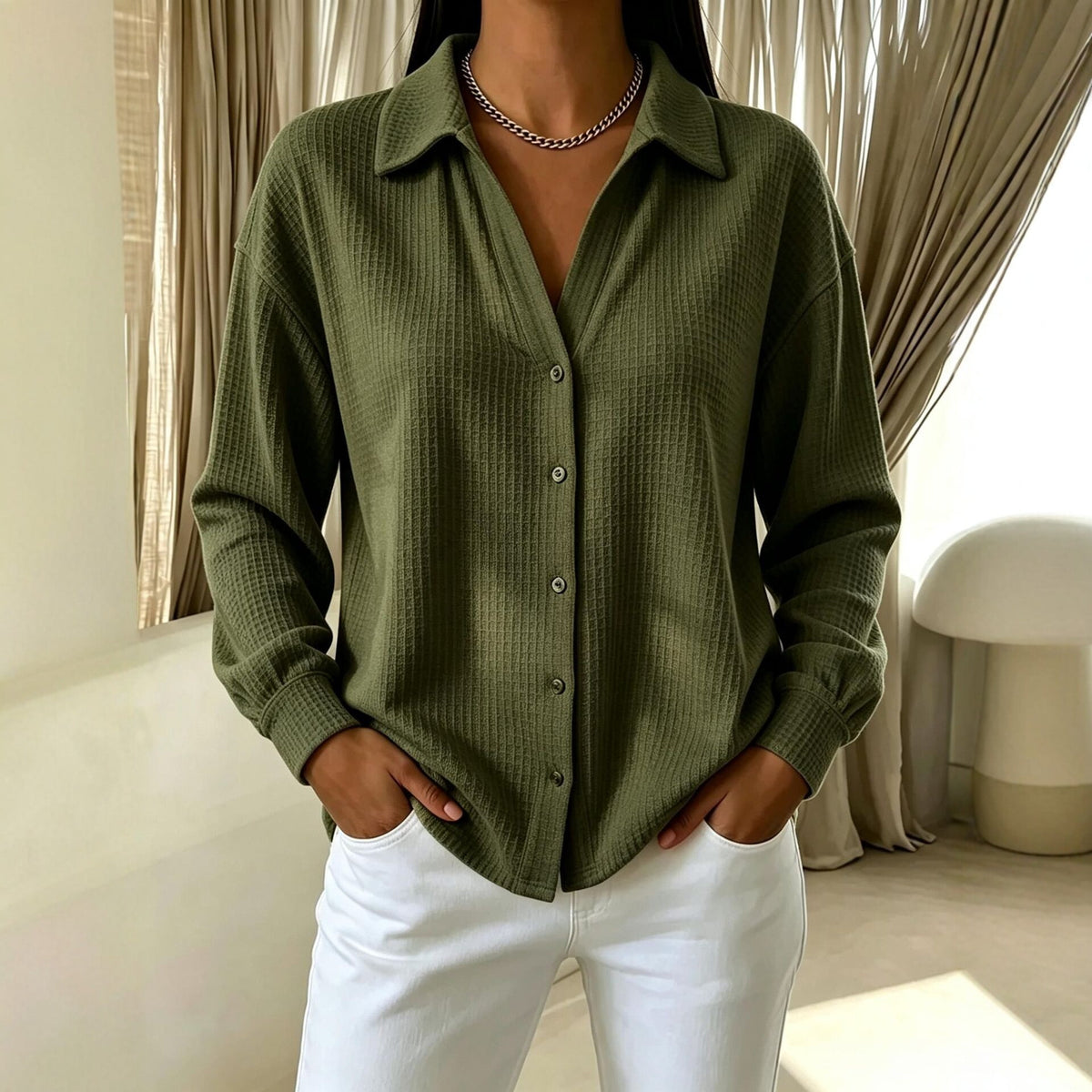 Women's Waffle Knit V Neck Button Down Shirt Long Sleeve