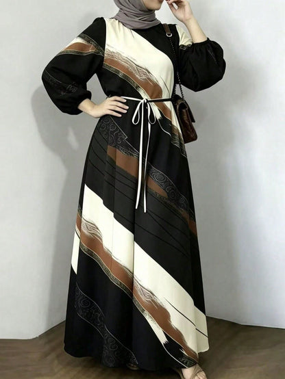 Abstract Print Tie Waist Maxi Dress Long Sleeve Elegant