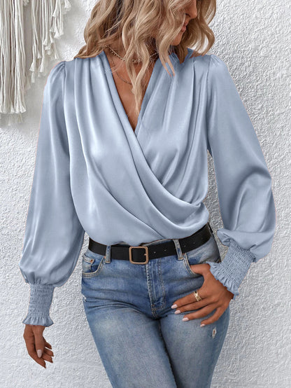 Women's Draped V-Neck Balloon Sleeve Smocked Cuff Blouse