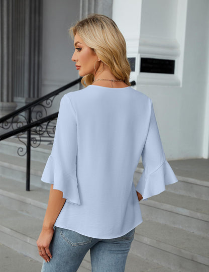 V Neck Ruffle Sleeve Chiffon Blouse Dressy Casual Top