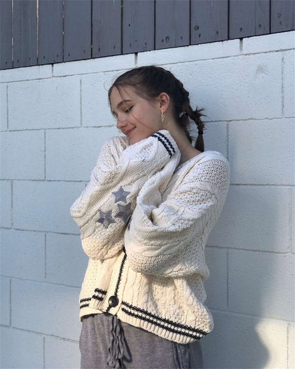 Women's Oversized Star Embroidered V-Neck Cardigan Sweater