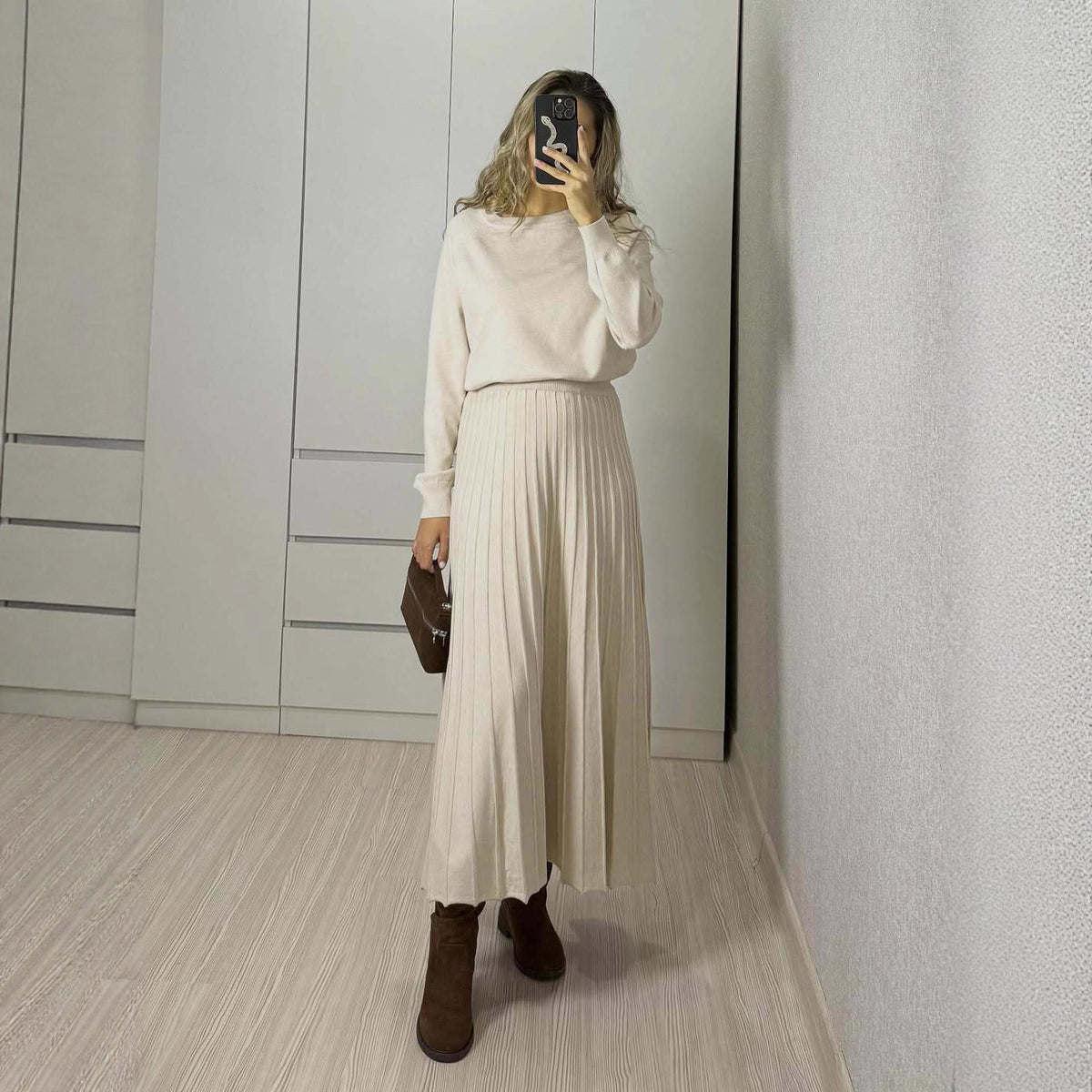 Women's Two Piece Pleated Maxi Skirt Set Long Sleeve