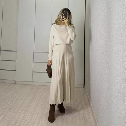 Women's Two Piece Pleated Maxi Skirt Set Long Sleeve
