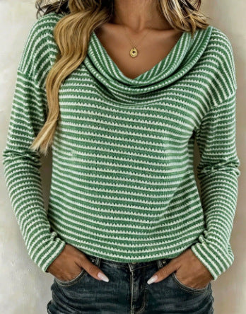 Women's Cowl Neck Striped Long Sleeve Knit Sweater