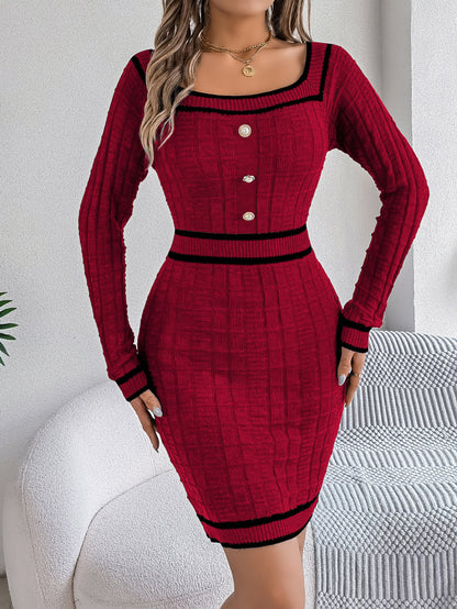 Elegant Buttoned Square Neck Long Sleeve Sweater Dress