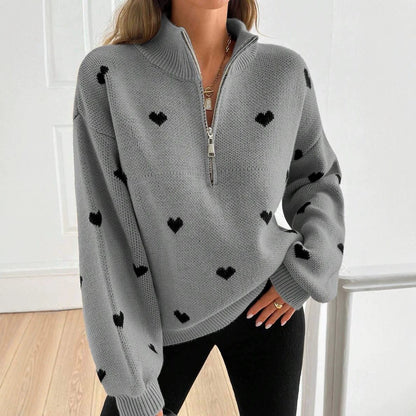 Women’s Heart Print Half Zip Wool Knit Sweater