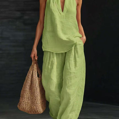 Women Halter Top Wide Leg Pants 2 Piece Set Casual Summer