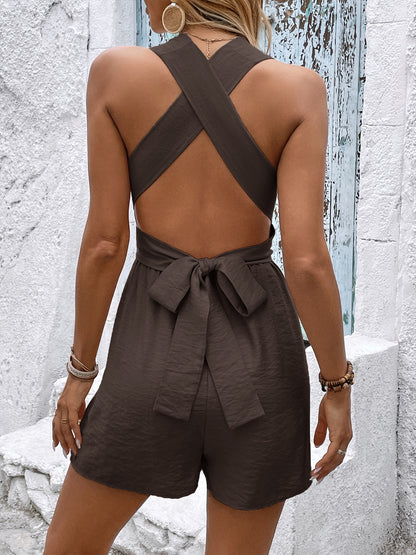 Brown Halter Deep V Backless Vacation Romper