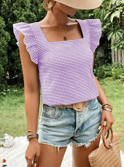 Gingham Square Neck Ruffle Sleeve Blouse Top