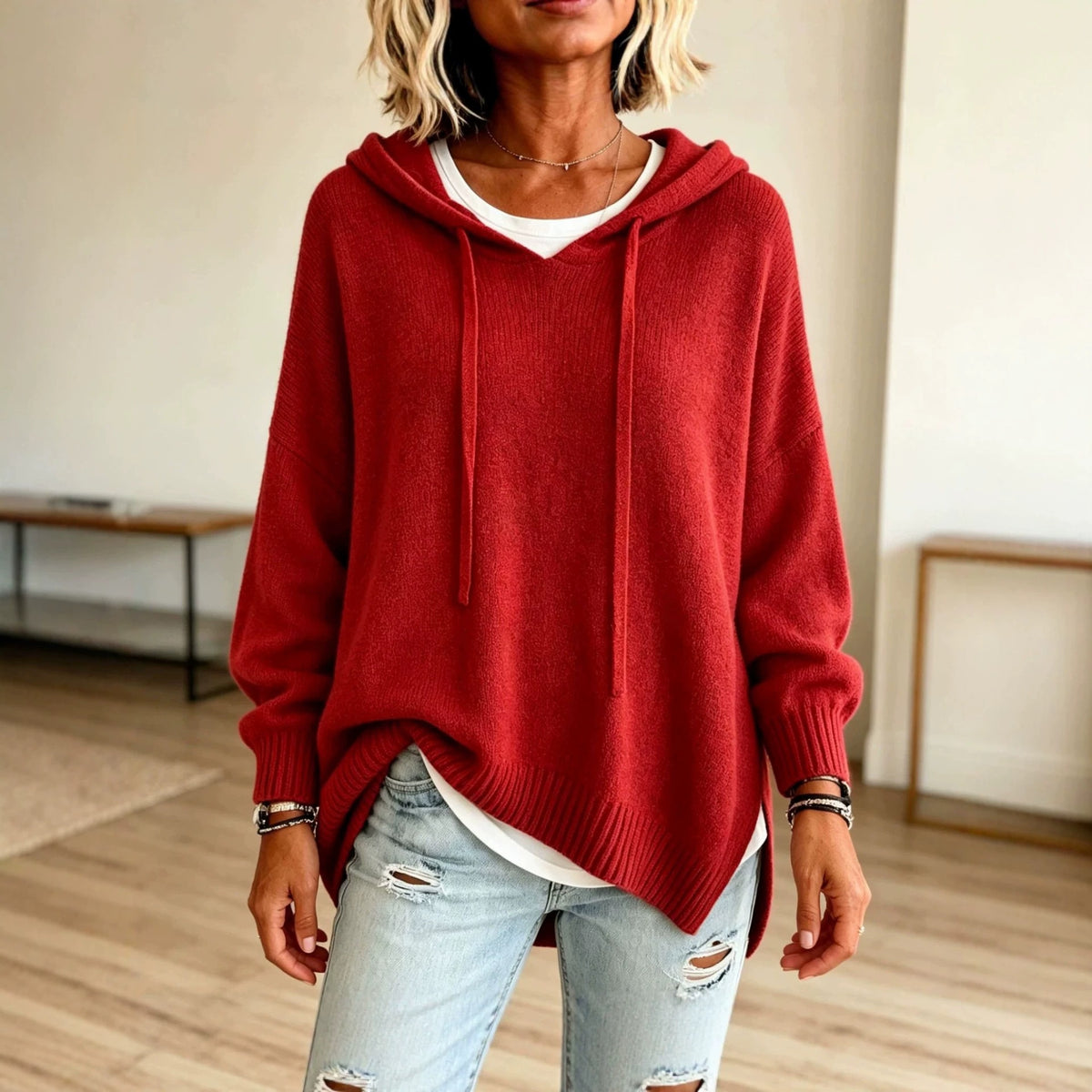 Women's Oversized Hooded Knit Sweater Pullover Drawstring