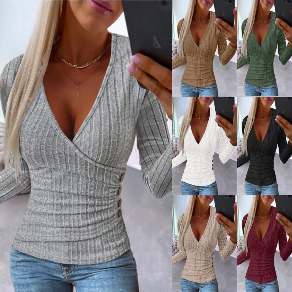 Fitted Ribbed Knit V-Neck Long Sleeve Button Top