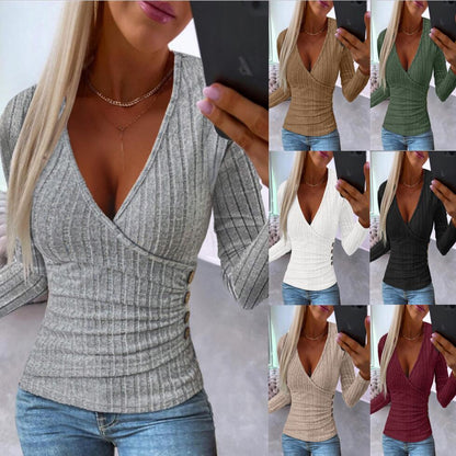 Fitted Ribbed Knit V-Neck Long Sleeve Button Top