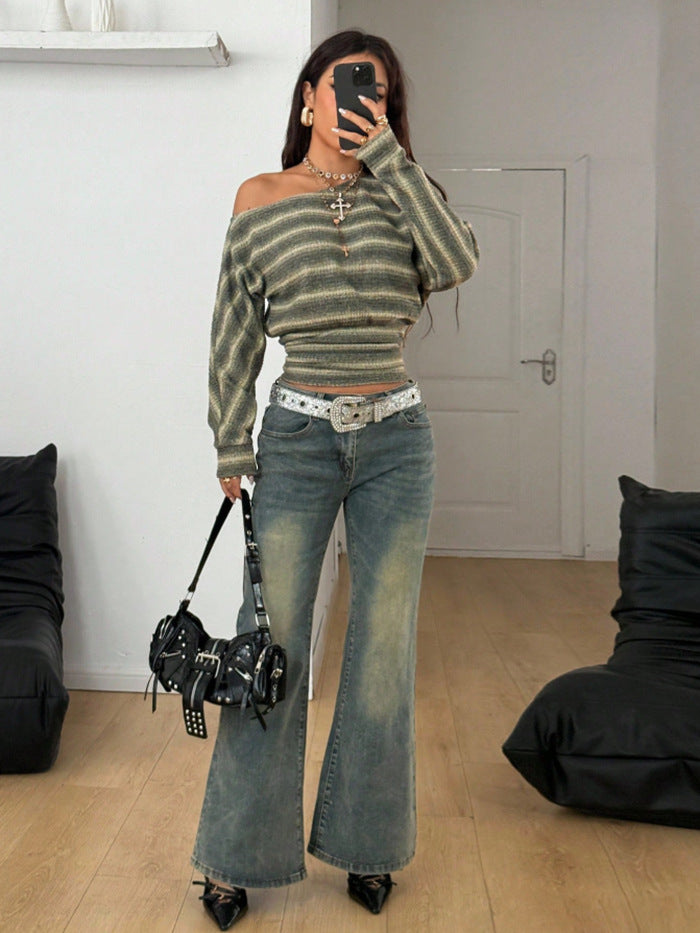 Off Shoulder Striped Knit Top Long Sleeve Trendy Sweater