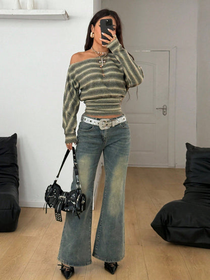 Off Shoulder Striped Knit Top Long Sleeve Trendy Sweater