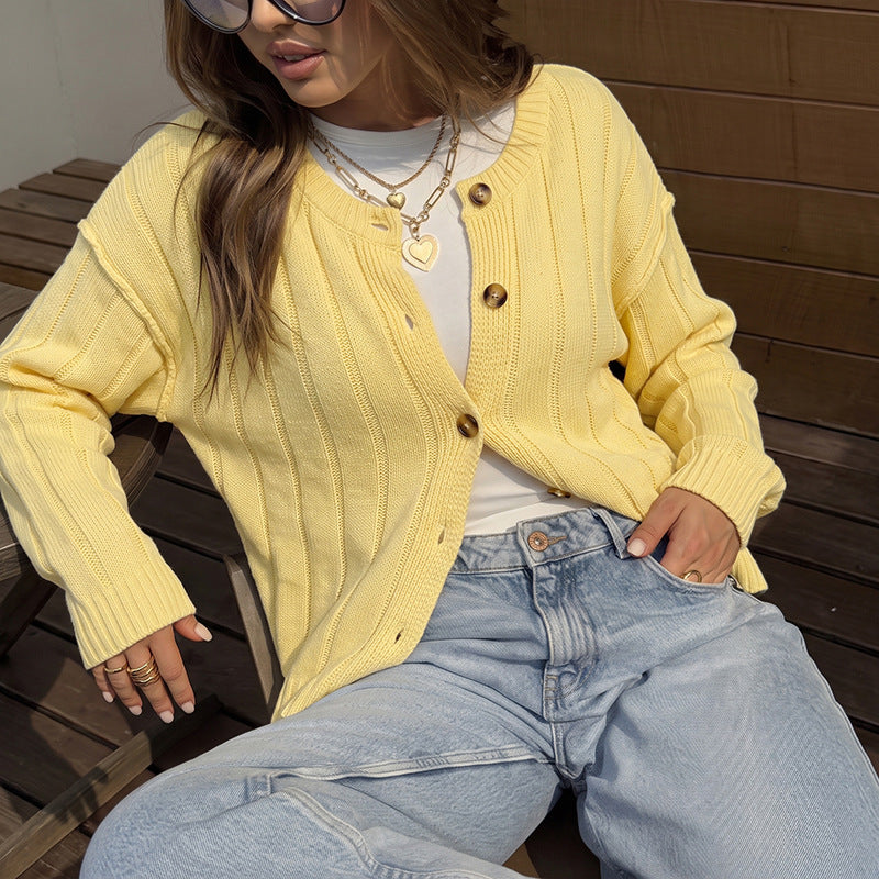Solid Ribbed Knit Cardigan Button Front Crew Neck Sweater