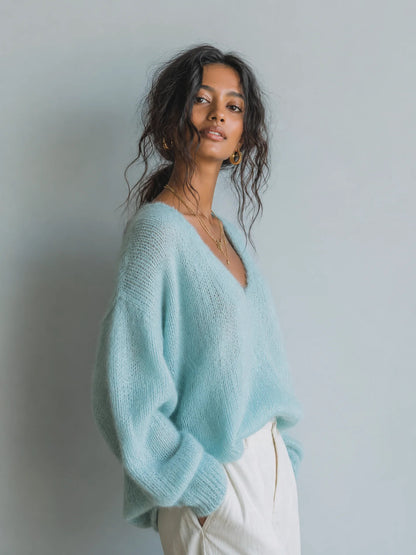 Women's Oversized V-Neck Open Knit Sweater