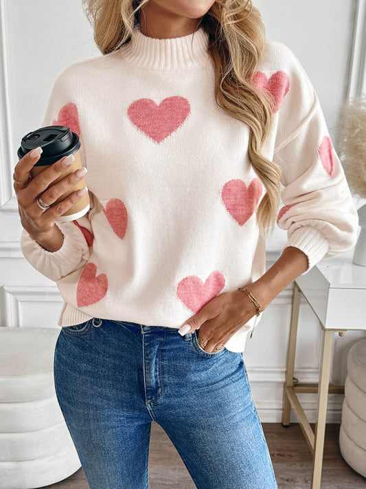 Valentine Heart Pattern Turtleneck Knit Sweater
