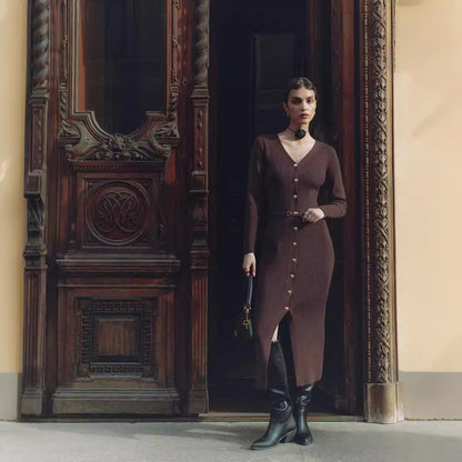 V Neck Ribbed Button Front Sweater Dress Long Sleeve Midi
