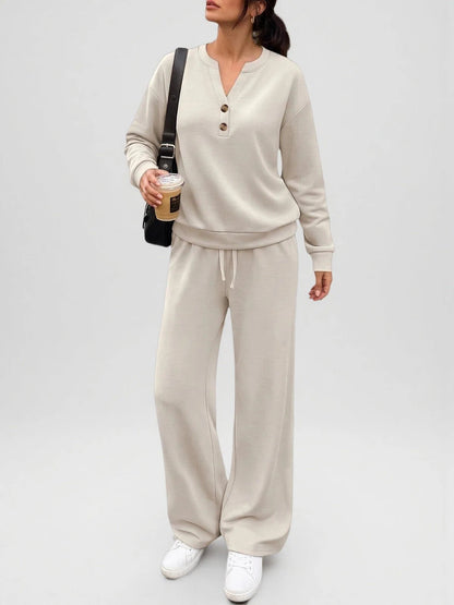 Women's 2 Piece Lounge Set Henley Wide Leg Pants