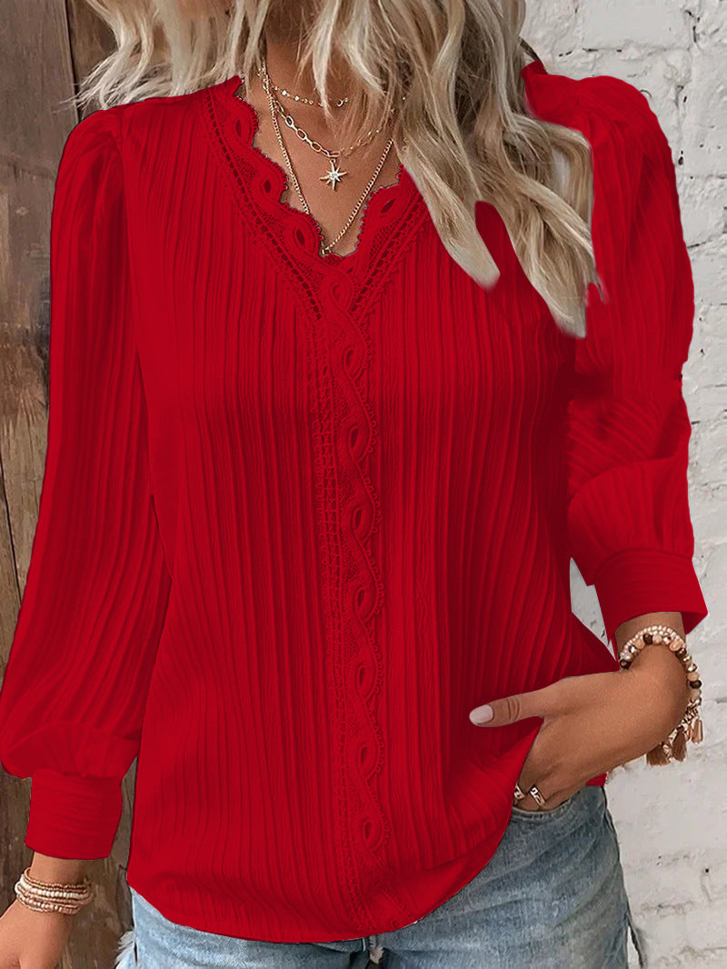Lace Trim V Neck Blouse Long Sleeve Elegant Top