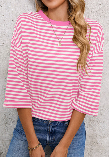 Blue Striped Knit Back Bow Open Back Top Women