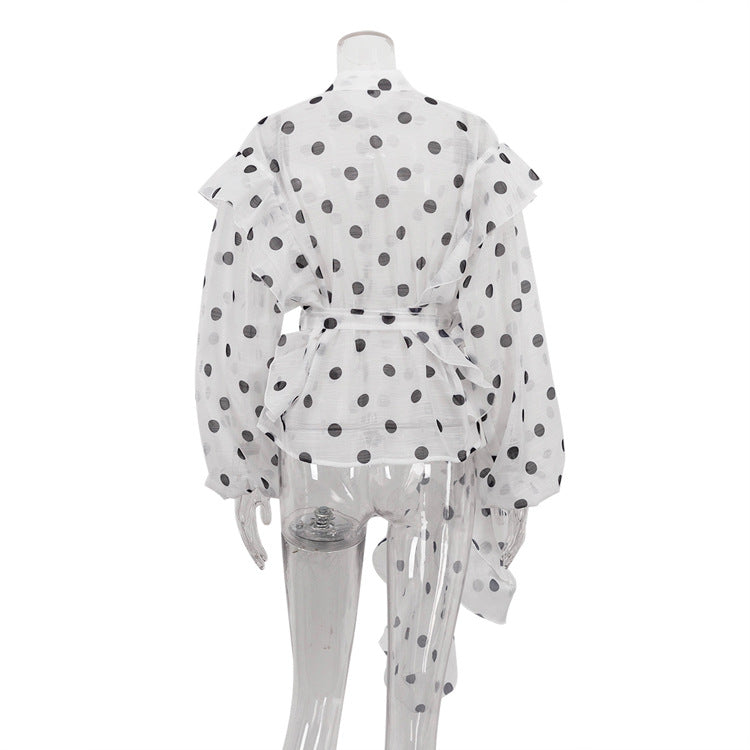 Polka Dot Ruffle Stand Collar Blouse Tie Waist Long Sleeve