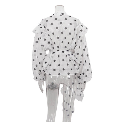 Polka Dot Ruffle Stand Collar Blouse Tie Waist Long Sleeve