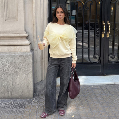 Women's Solid Bow Sweatshirt Organza Crew Neck Pullover
