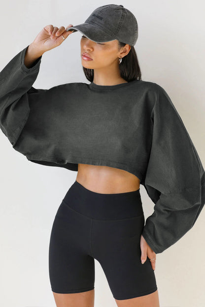 Women's Long Sleeve Oversized Cropped Crew Neck Sweatshirt