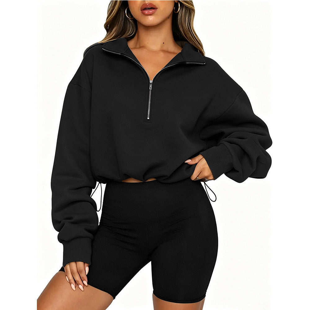 Black Half-Zip Drawstring Pullover Sweatshirt Y2K Streetwear