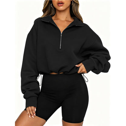 Black Half-Zip Drawstring Pullover Sweatshirt Y2K Streetwear