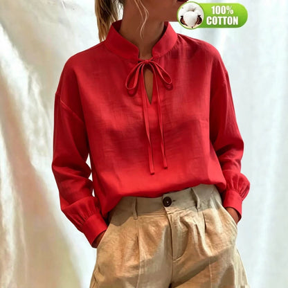 Women's Cotton Tie Neck Puff Sleeve Blouse