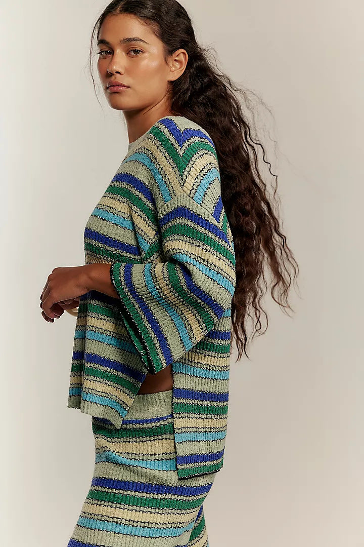 Boho Striped Knit Two Piece Set Wide Leg Pants
